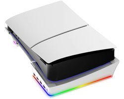 Horizontale PS5 Slim & Pro Stand met RGB LED 14 Modus Licht - 4-Port USB Hub - Koelstandaard & Antislip - Compatibel met Disc & Digital Edition - Console Accessoire 2026 - Ideaal Voor Gameliefhebbers - Wit