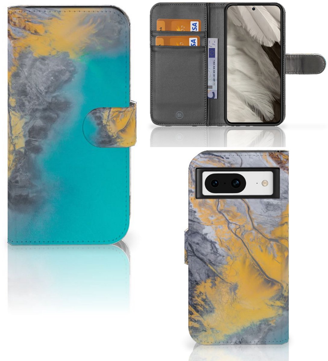 Book Case voor Google Pixel 8 Bookcase Marble Blue Gold
