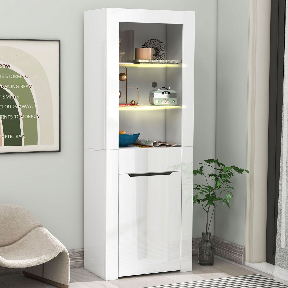 Wishdor Vitrinekast Met Ledverlichting Met App-Bediening - Met Lade En Legplanken - Spaanplaat - Wit - 60 X 35,5 X 165 Cm