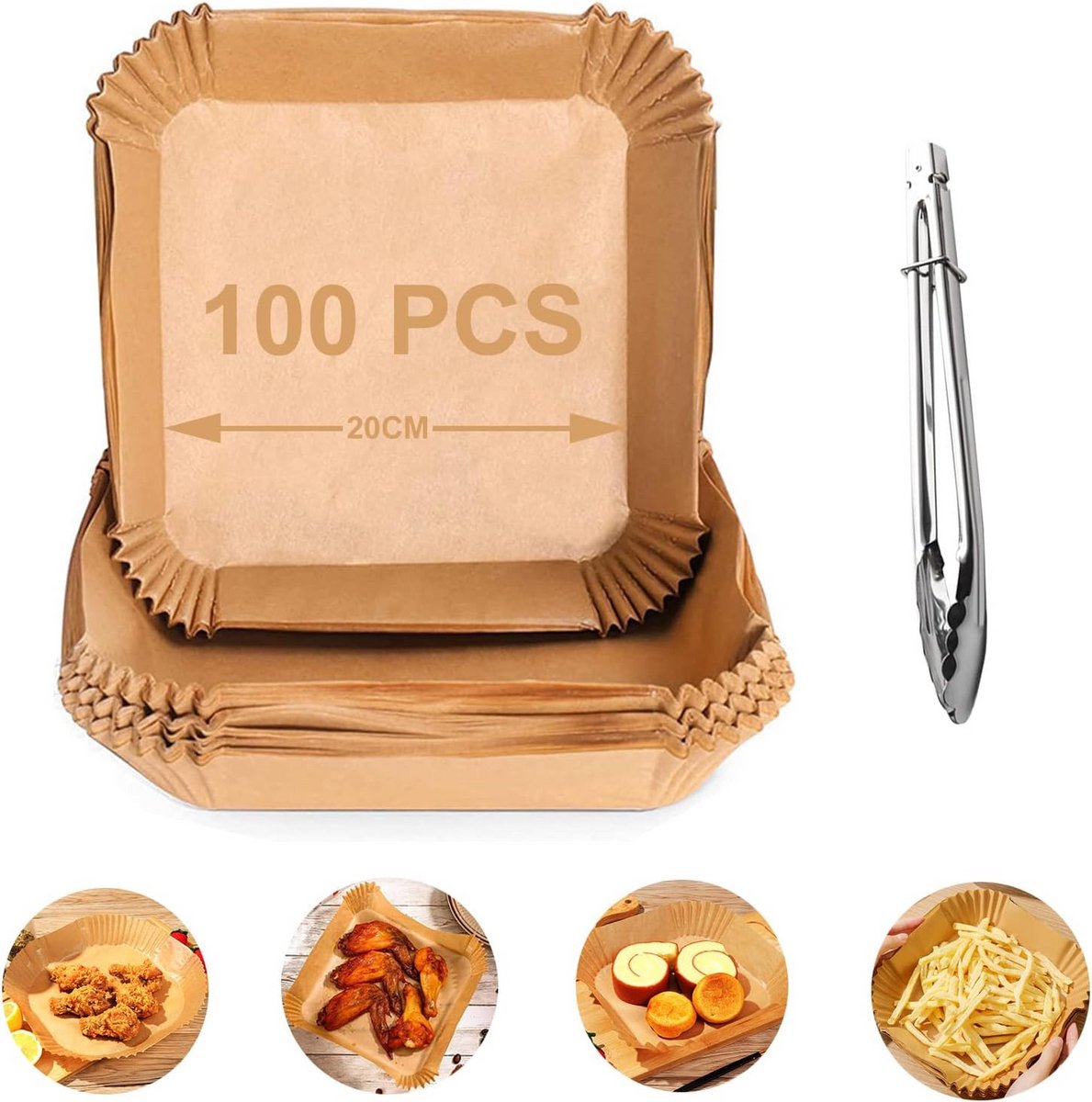 Bakpapier voor heteluchtfriteuse - 100 stuks, 20 cm vierkant, anti-aanbak en oliebestendig