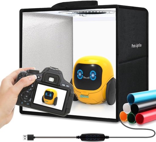 OBEST Opvouwbare Fotolichtbox – 30x30x30 Cm, 112 LED-kralen, USB-voeding, 6 Kleuren Achtergrond – Voor Productfotografie