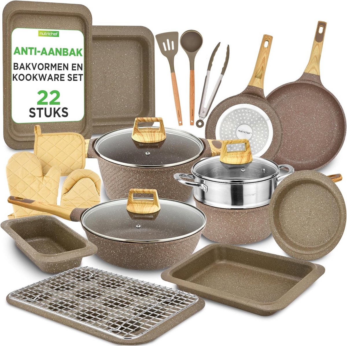 Set van 22 Professionele Keukentools en Bakgerei - Zwart Marmer Anti-aanbak