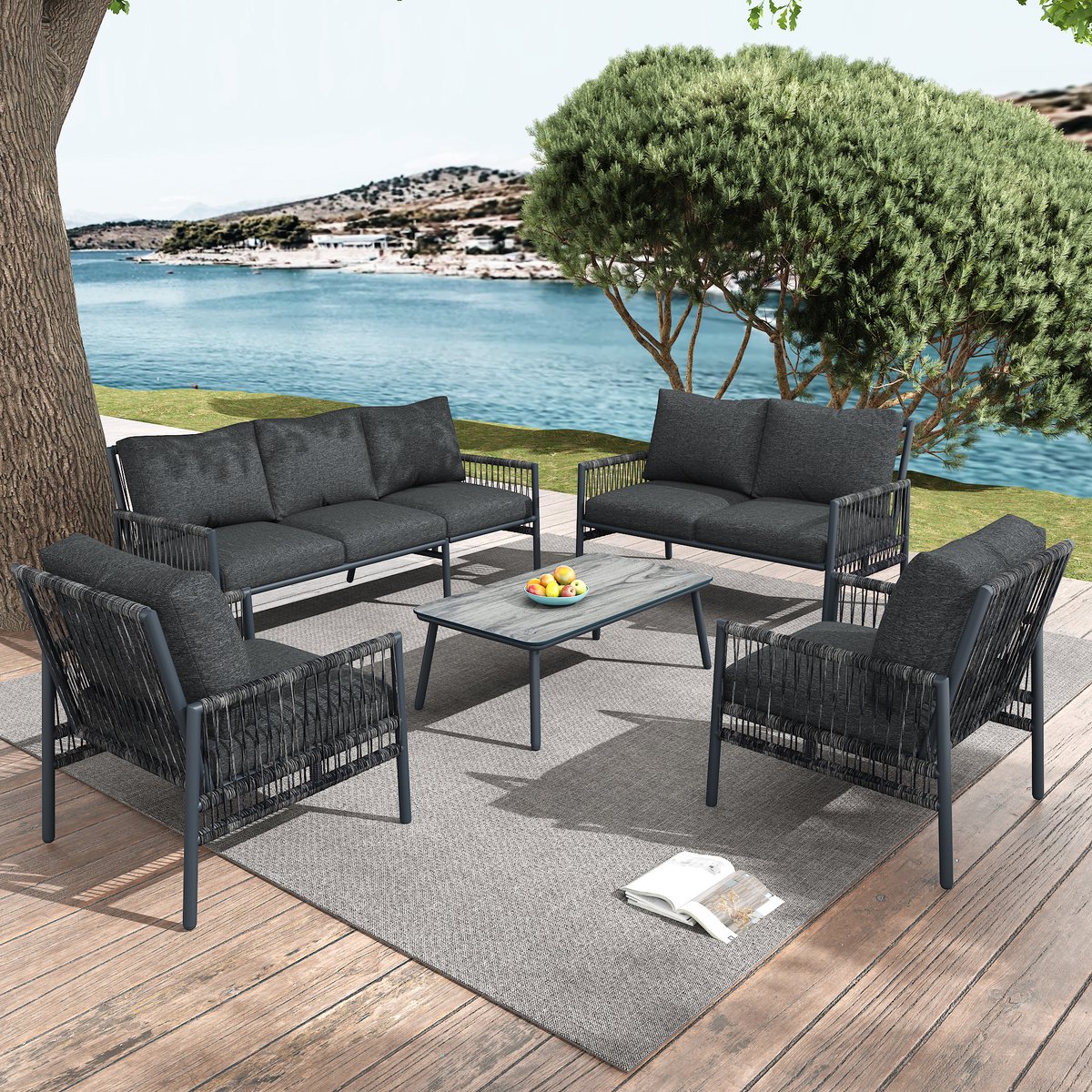 Wishdor - 7-Persoons Tuinmeubelset Met Salontafel - PE-Rattan - Verzinkte Stalen Buis - Grijs