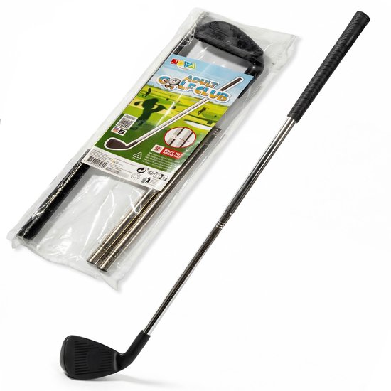 Volwassen golfclub in verpakking, met metalen steel en zwarte grip.