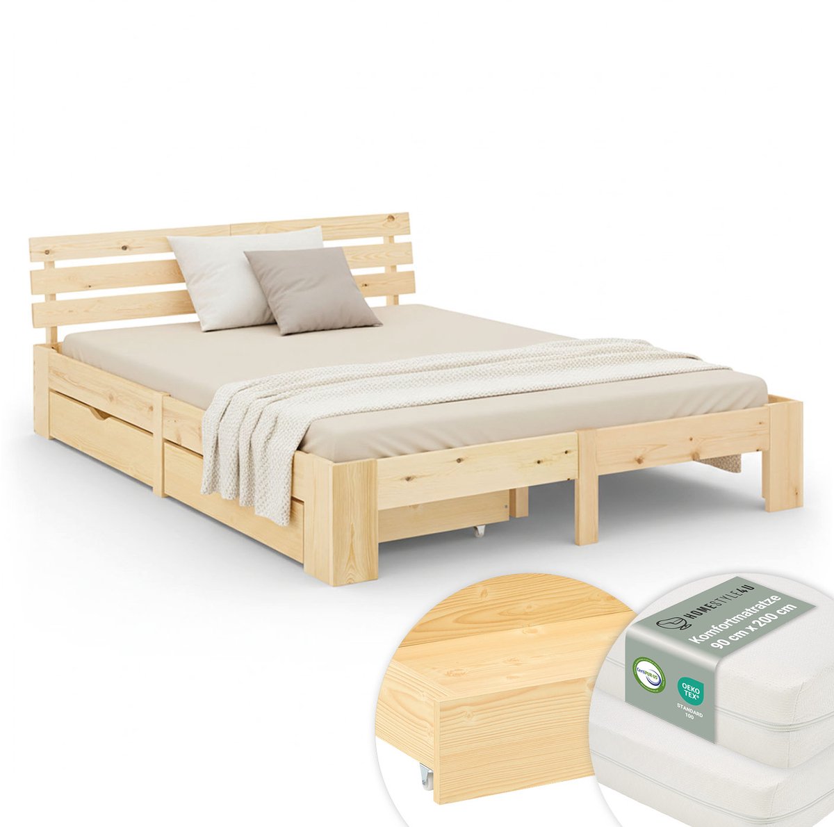 Homestyle4u Tweepersoonsbed - 180x200 cm - Bed met 2 Bedbakken en Matrassen - Natuur