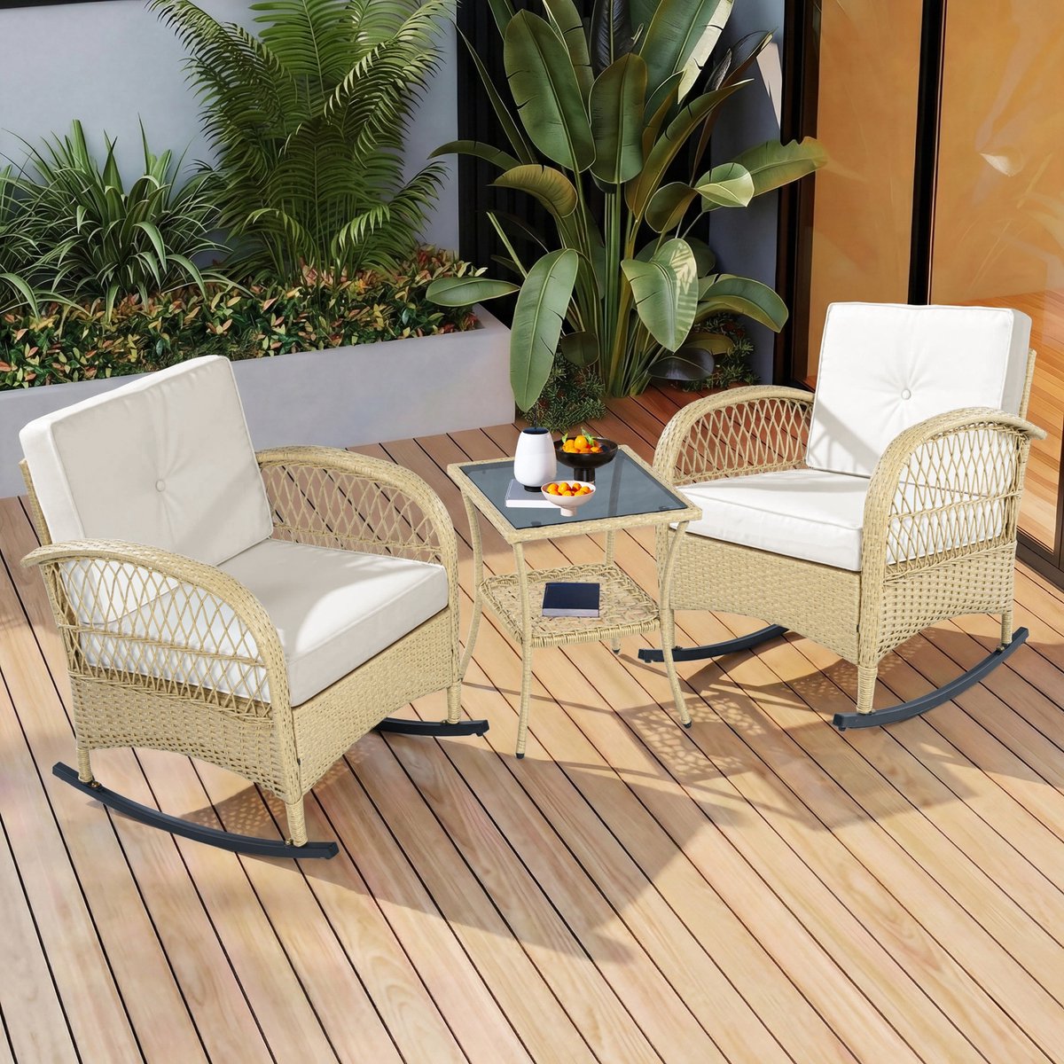 Sweiko Tuinbarset - Wijnstok schommelstoel - Balkon set - 3-delige set - met kussen - Gewicht dragend 160 kg - Beige