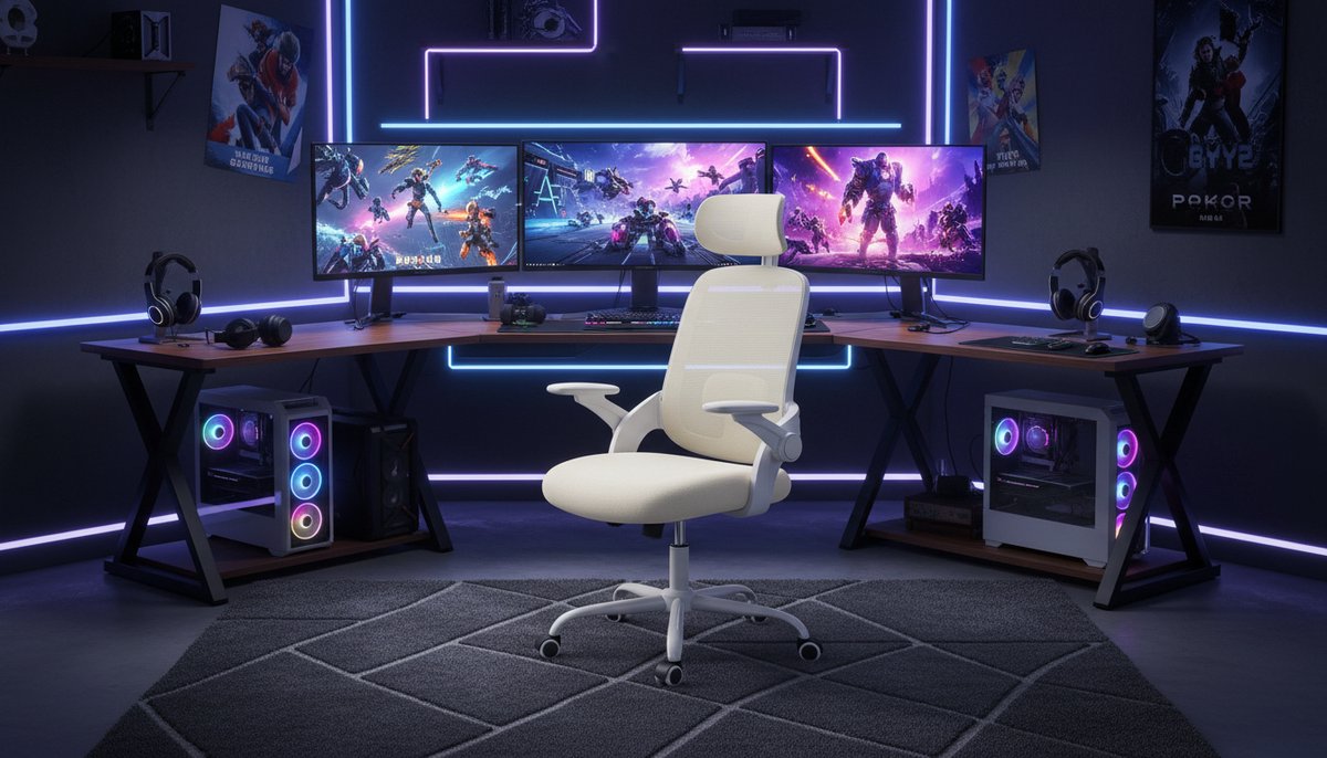 Ergonomische bureaustoel Casa Velluto ComfortMesh – Draaistoel met verstelbare hoofdsteun, 3D-armleuningen, lendensteun, ademend mesh en schommelmechanisme – Beige – Hoge rugleuning – Kantoren, thuiswerk & gaming