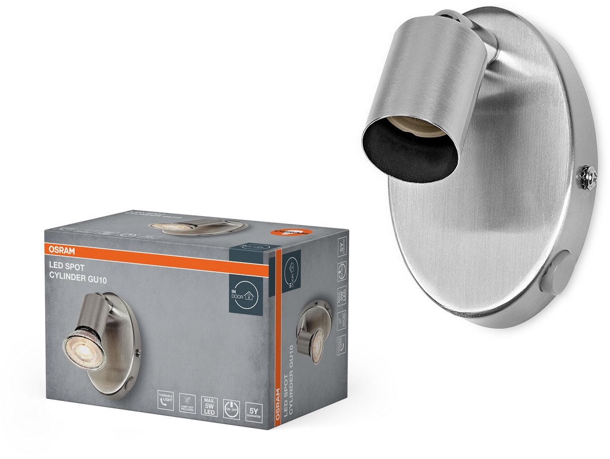 OSRAM LED Spot Cylinder plafondspot GU10, wandspot, Geborsteld Nikkel, Staal, draaibaar, A