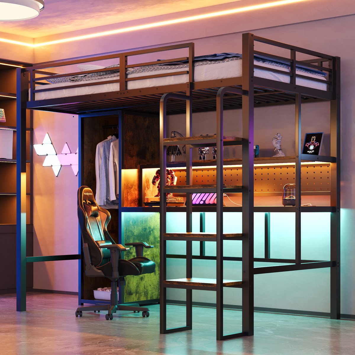 Wishdor Hoogslaper - 90 x 200 cm - Bureau en Kledingkast - Hangbord - LED met Smartphone - Metaal en MDF - Zwart - Compacte Slaap- en Werkplek