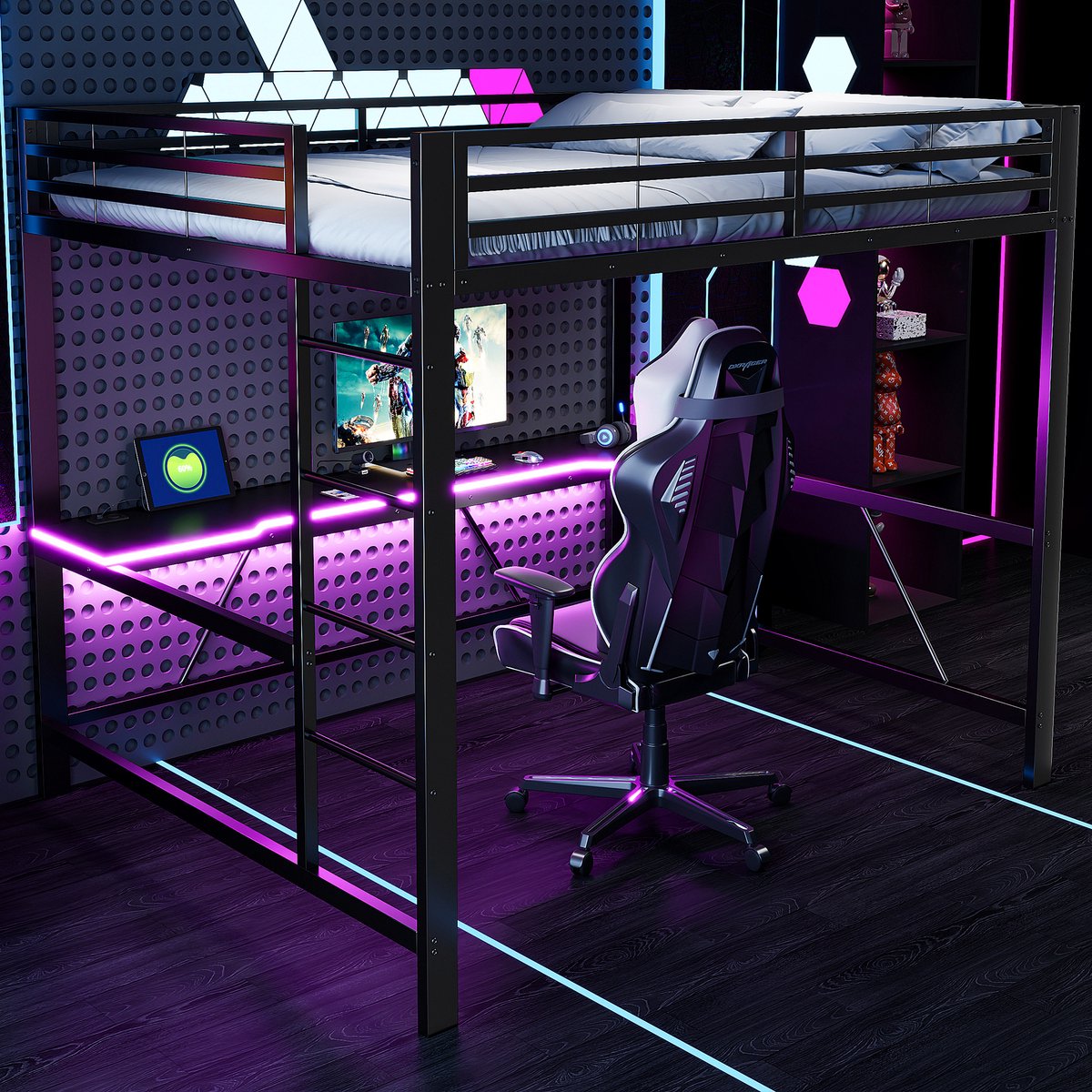 Wishdor Hoogslaper - 160 x 200 cm - Met Bureau en Led-Verlichting - Usb-Laadstation - Metalen Frame Zwart - MDF Bureaublad - Veiligheidshek Rondom - Ruimtebesparende Studie- en Slaapplek voor Tienerkamer - Stabiel tot 200 kg