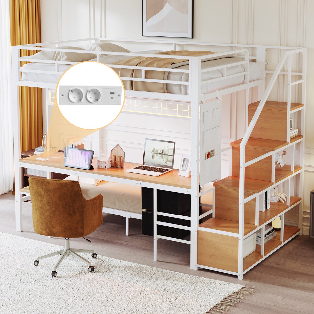 Wishdor Hoogslaper - 140x200 & 90x200 cm - Bureau Met Stopcontacten En Ledverlichting - Frisse Uitstraling - Metaal en MDF - Wit