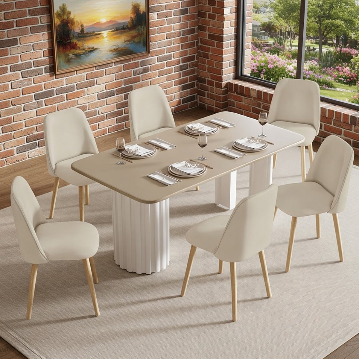 Luxe Eetkamerstoelen Set van 6 – Gestoffeerde Beige Stoelen met Houten Poten – Comfortabele Polyester Stoelen voor Eetkamer, Keuken en Kantoor – Ergonomisch & Duurzaam Novihome
