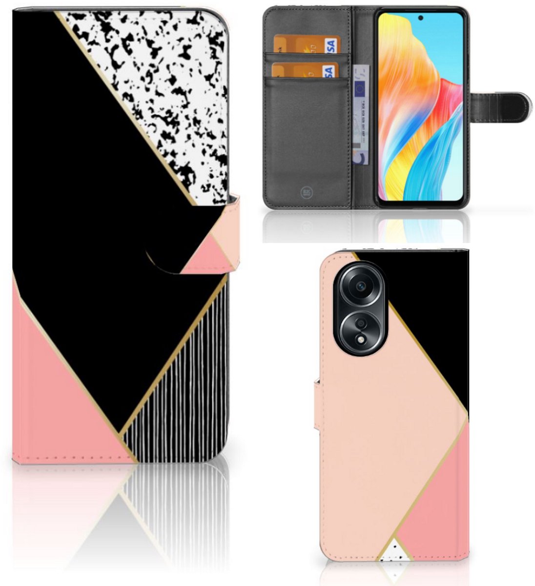 OPPO A58 4G Book Case Zwart Roze Vormen