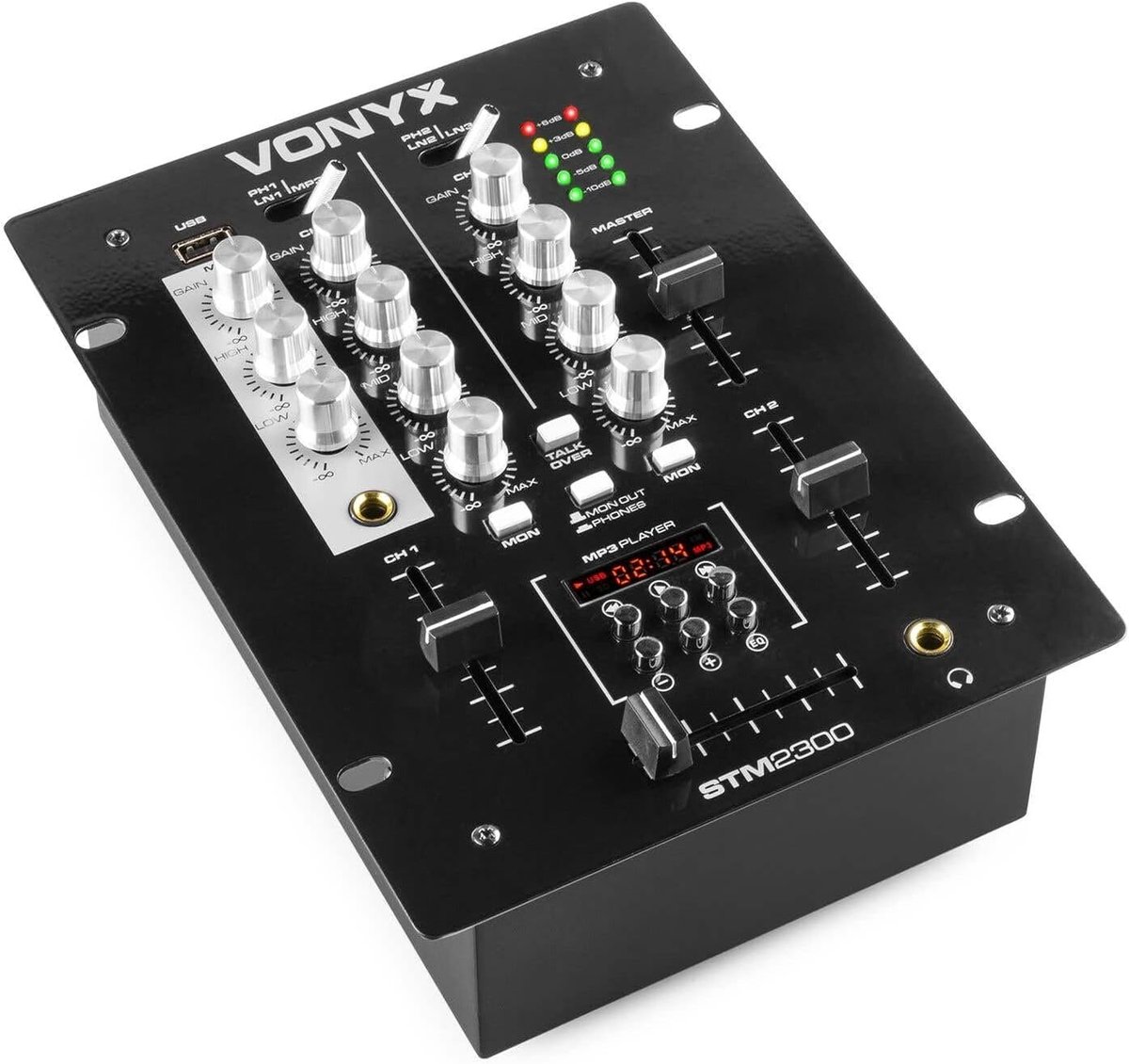 2-kanaals DJ-mengpaneel met USB-MP3-speler en crossfader