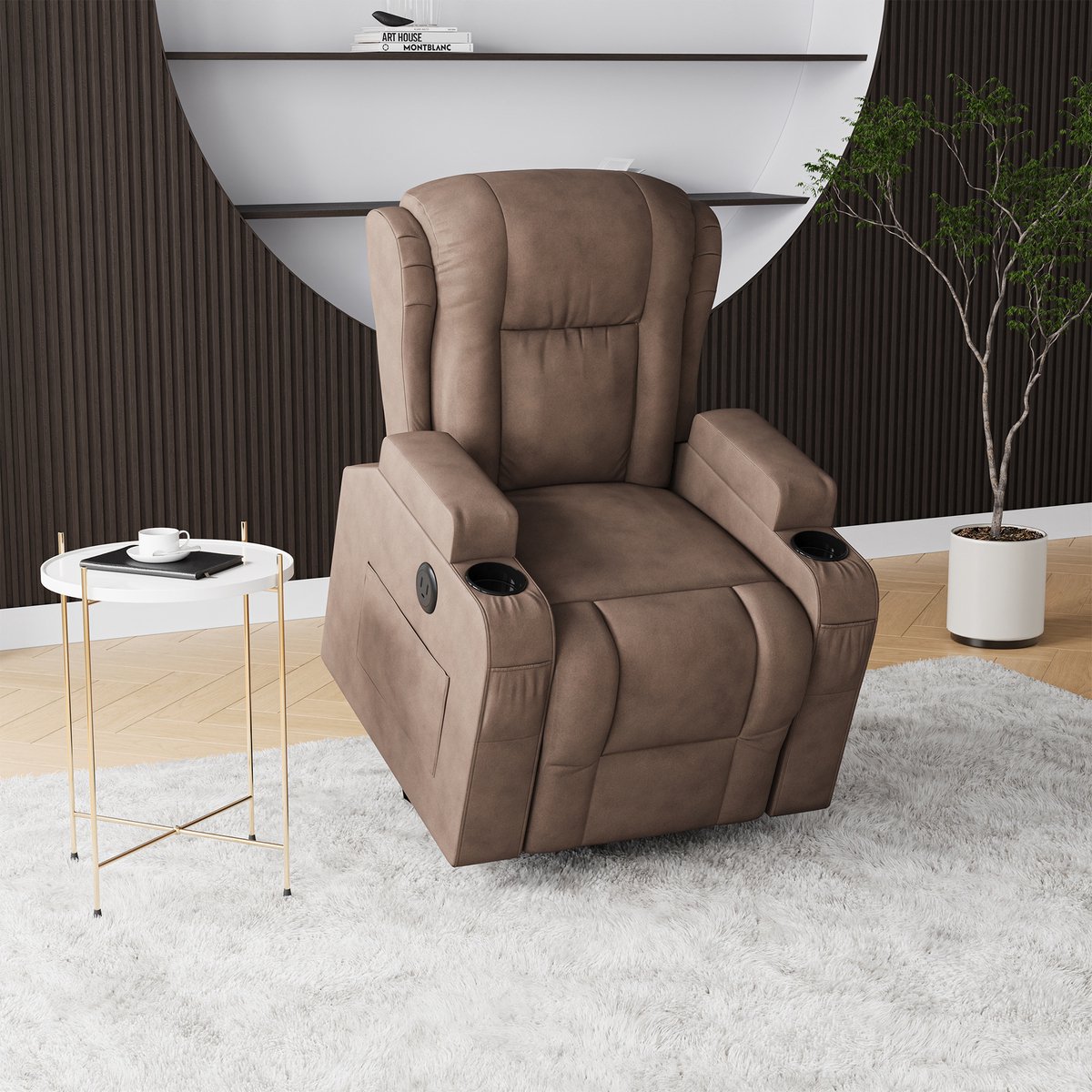 Elektrische Massagefauteuil met Sta-op Functie, Verwarming en USB – Verstelbare Relaxstoel met 8-Punts Massage en Afstandsbediening – Bruin