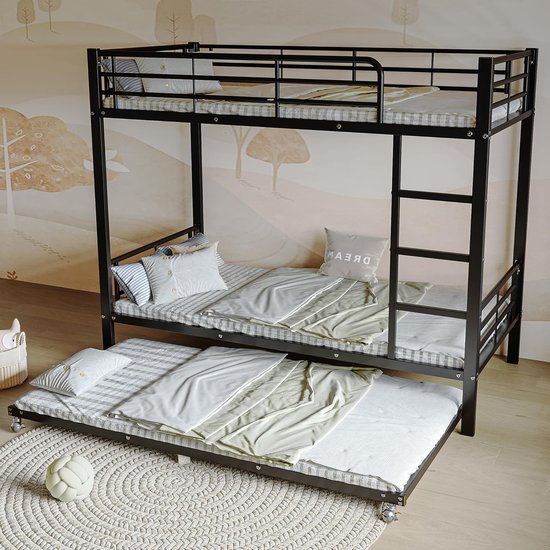 Zravenna Metal loft bed for 3 children, 90 x 200 cm and 90 x 190 cm, three bunk beds with pull-out bed, fall protection, children's bed with ladder, iron bed, white, black — afbeelding 2