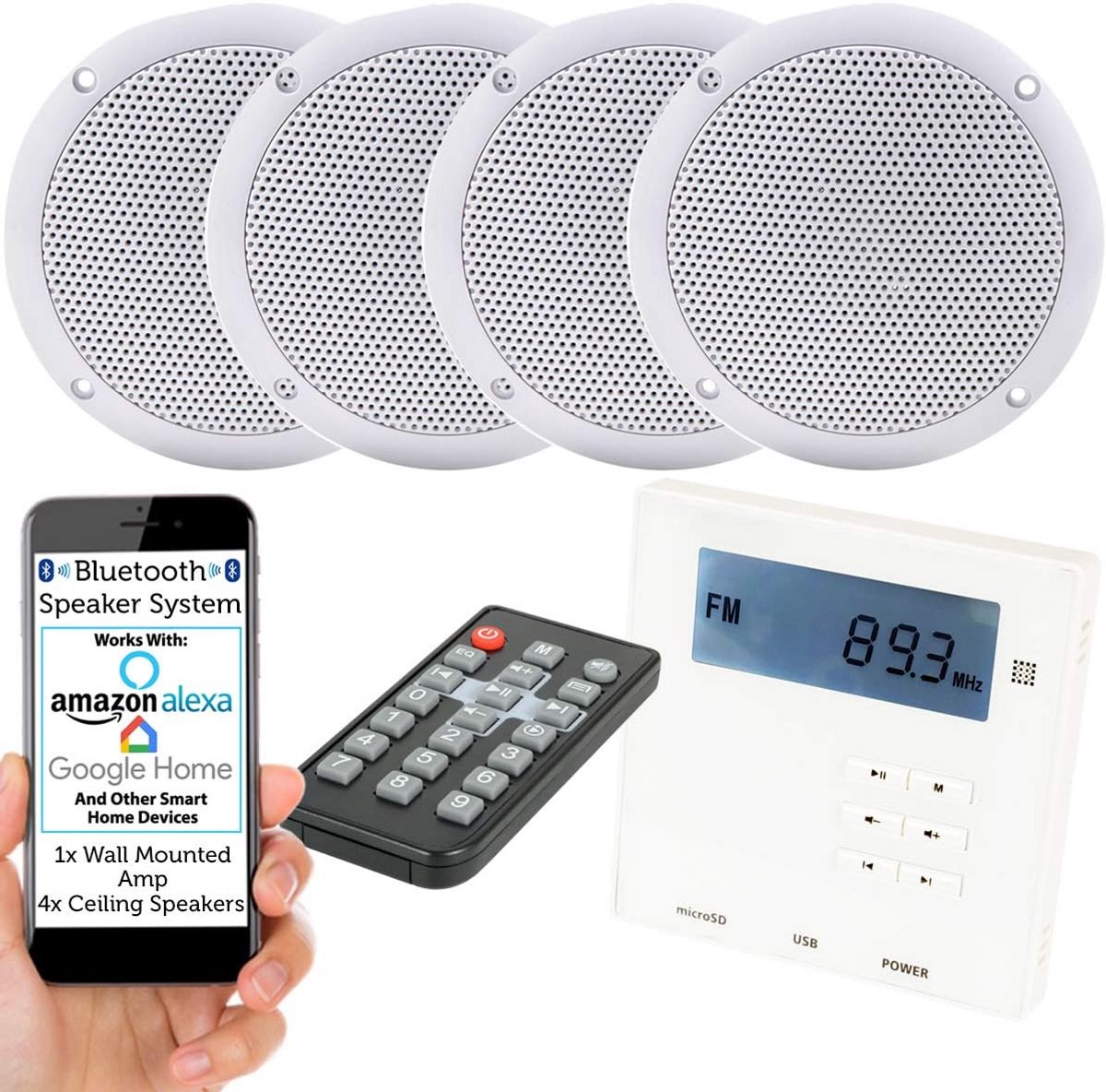 Draadloze Wandversterker met 4 Vochtbestendige Plafond Luidsprekers – Compact Home Audio Systeem
