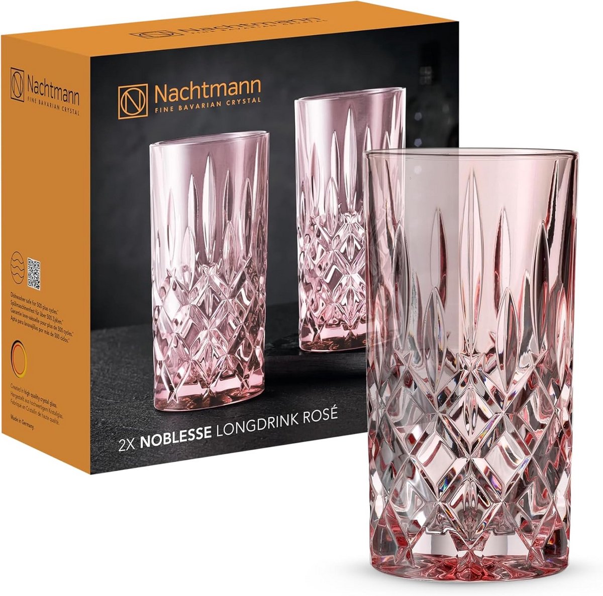 2-delige longdrinkglazenset - roze cocktailglazen van kristal, 395 ml