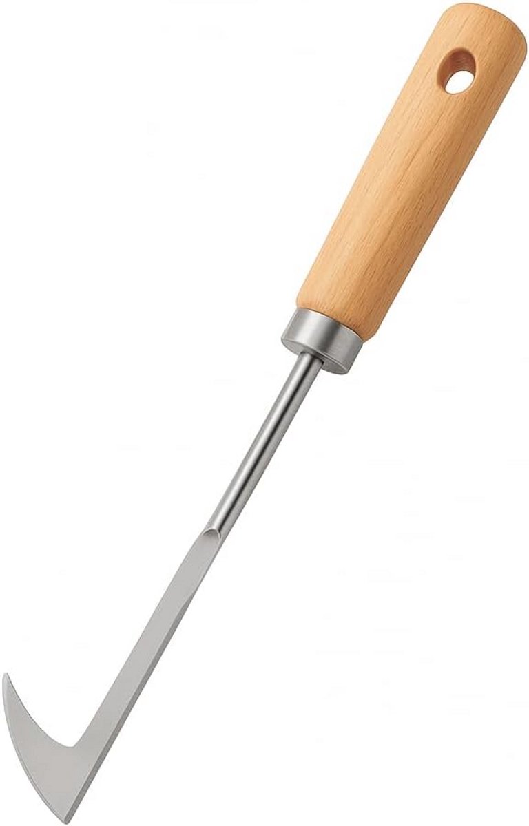 Roestvrijstalen onkruidsteker met houten handvat voor voegen en scheuren