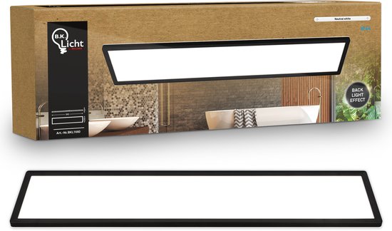 Emballage d'un plafonnier B.K.Licht avec une image d'un intérieur de salle de bain et la lampe elle-même.