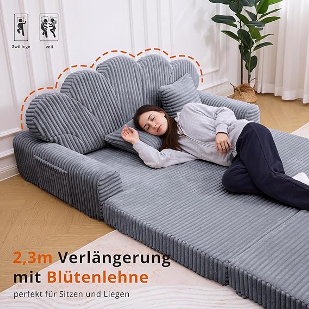 2-Zits Slaapbank Inklapbaar met Slaapfunctie 153 x 267 cm – Comfortabele Corduroy & Schuim Loungebank met 2 Kussens, Zijzakken en Elegante Bloemvormige Rugleuning – Pauwhome Donkergrijs