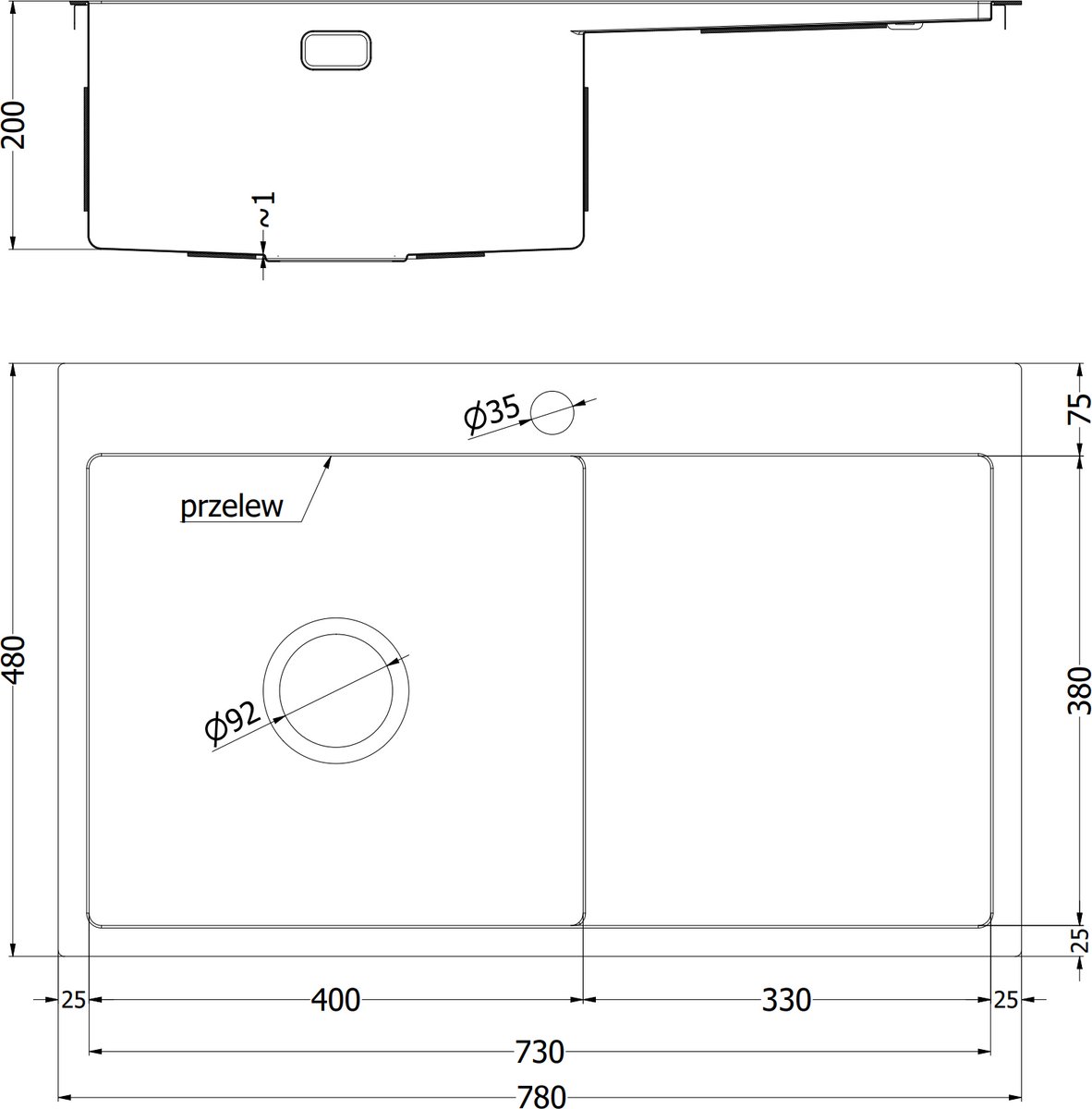 Mexen Exar stalen spoelbak 1-komerig met afdruipgedeelte, rechts 780 x 480 , inox HC - 6434781010P-01HC