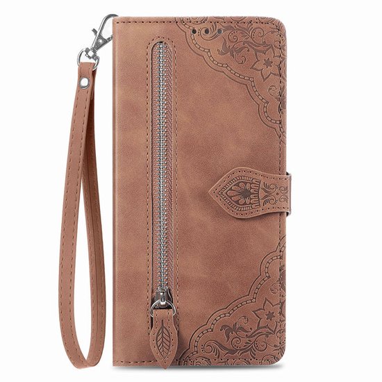 Étui portefeuille marron en cuir PU pour Samsung Galaxy S23 Ultra avec motif floral, dragonne.