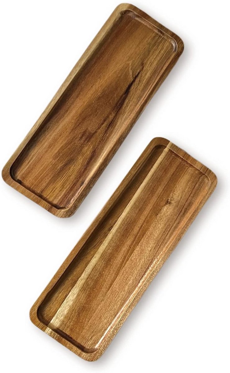 Set van 2 houten dienbladen - acaciahout - 28 x 10 cm - voor hapjes, fruit en dessert