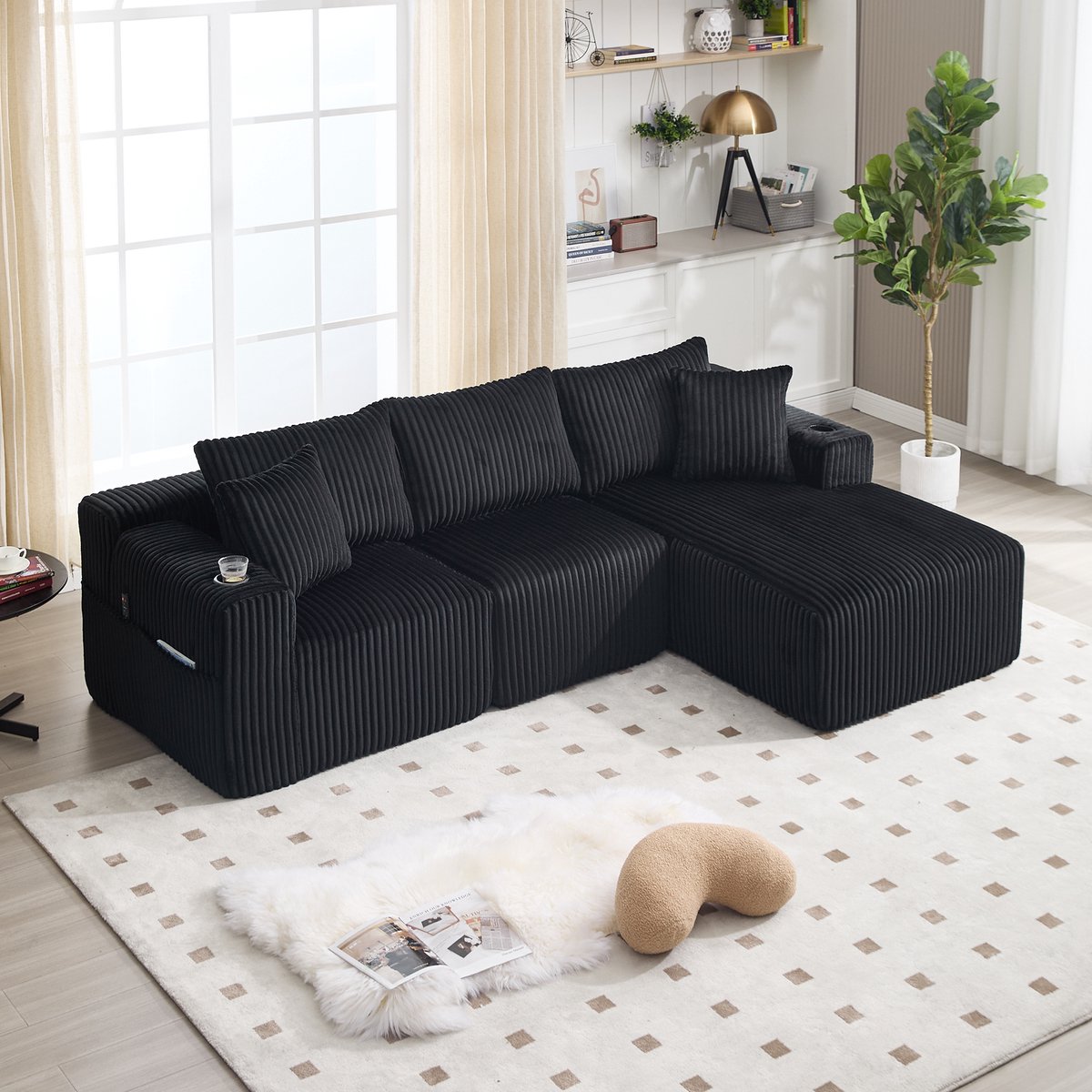 MIVRAY Modulaire Hoekbank – Chaise Longue En 2-Zits Met Bekerhouders En Zijvakken – Corduroy Zwart