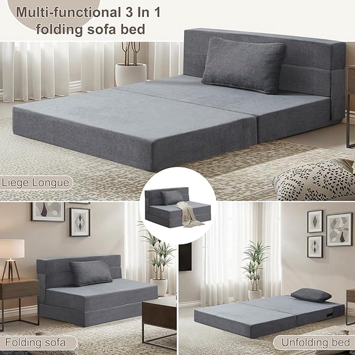Dubbele Slaapbank 100 x 203 cm – Opvouwbare Slaapbank met Traagschuim & Kussens – 2-Persoons Gastenbed / Bedbank / Vouwbed voor Woonkamer & Slaapkamer – Donkergrijs – Pauwhome