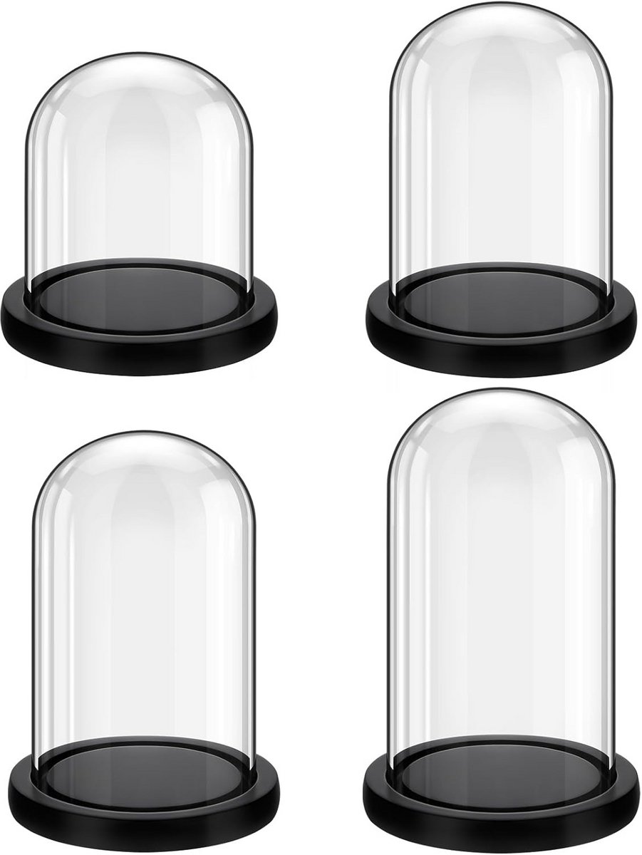 Set van 4 Glazen Cloches met Houten Voet (Helder Glas)