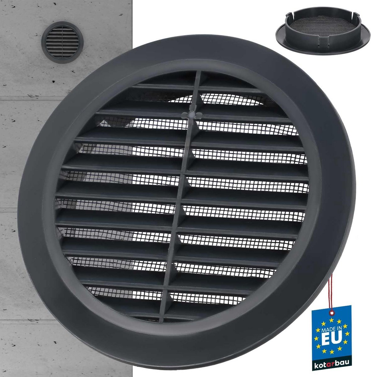 Ventilatierooster 100 mm rond Antraciet met Insectengaas Kunststof Lamellenrooster Buisaansluiting Afvoerrooster voor Vloer en Muur