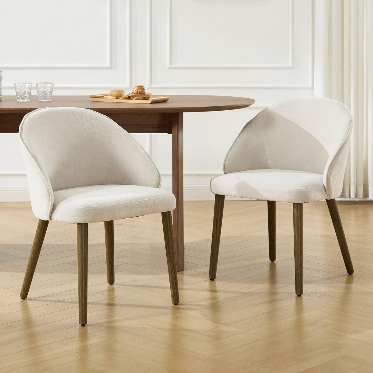 Set van 2 Moderne Eetkamerstoelen met Houten Poten Beige Chenille