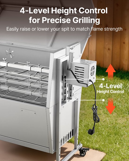 VEVOR Rotisserie Grill 38W Speenvarken Grill Lam Grill Houtskool Grill (1168,4 mm Grilllengte) met 60 Kg Draagvermogen & Wielen & 4-Voudige Hoogteverstelling & Deksel, Roestvrijstalen Elektrische Grillset Voor Kamperen van Merkloos — afbeelding 5