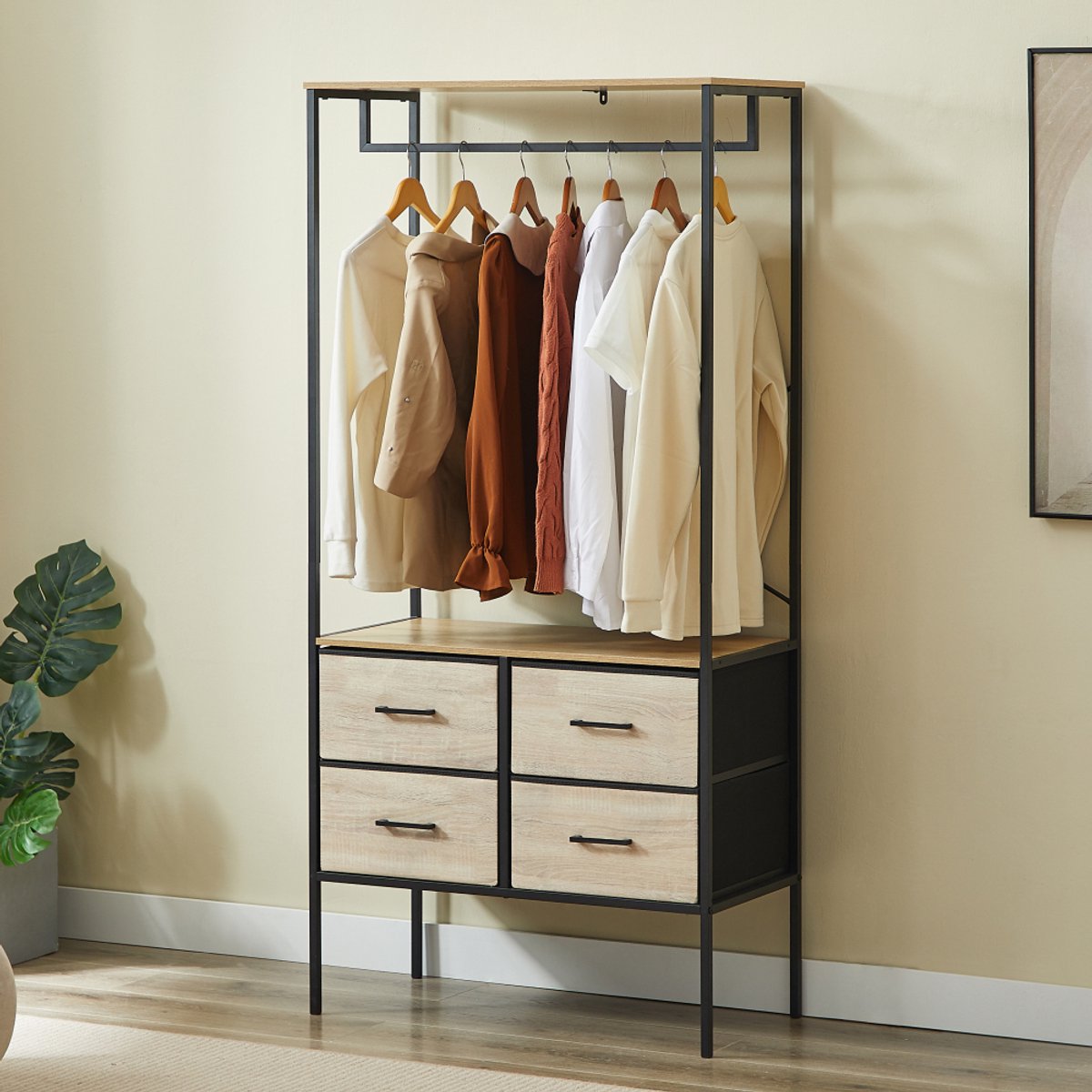 CASABEL Kledingkast 80×40×167 cm, meubelstuk met 4 lades voor slaapkamer of hal, hout & zwart metaal