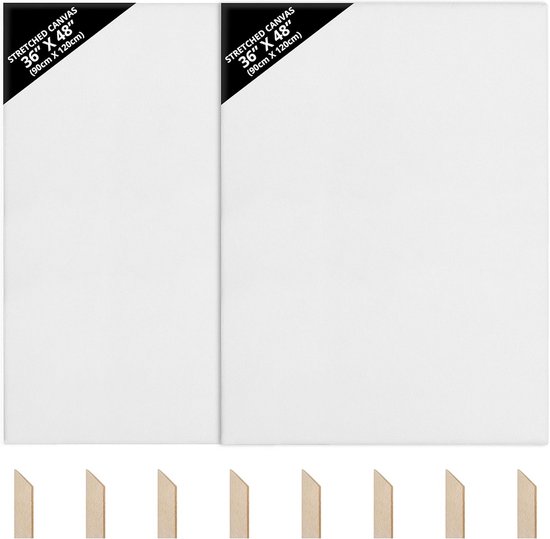 Twee lege, witte, gespannen canvassen van 36 x 48 inch.
