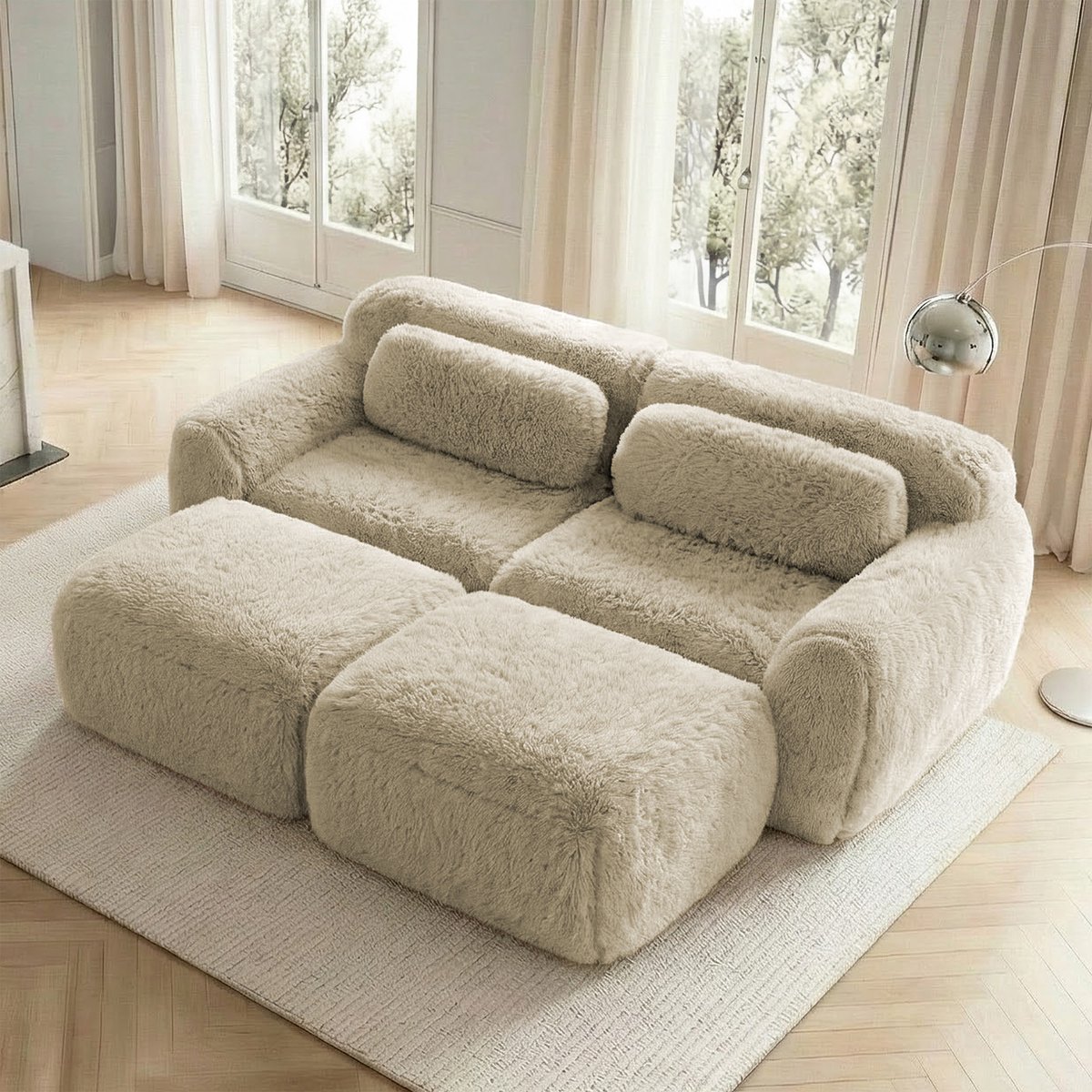 MIVRAY Modulaire Hoekbank – 2-4 Zits Met 2 Poefs – Montagevrij Loungesofa Voor Woonkamer – Pluche Lichtkhaki Licht Kaki