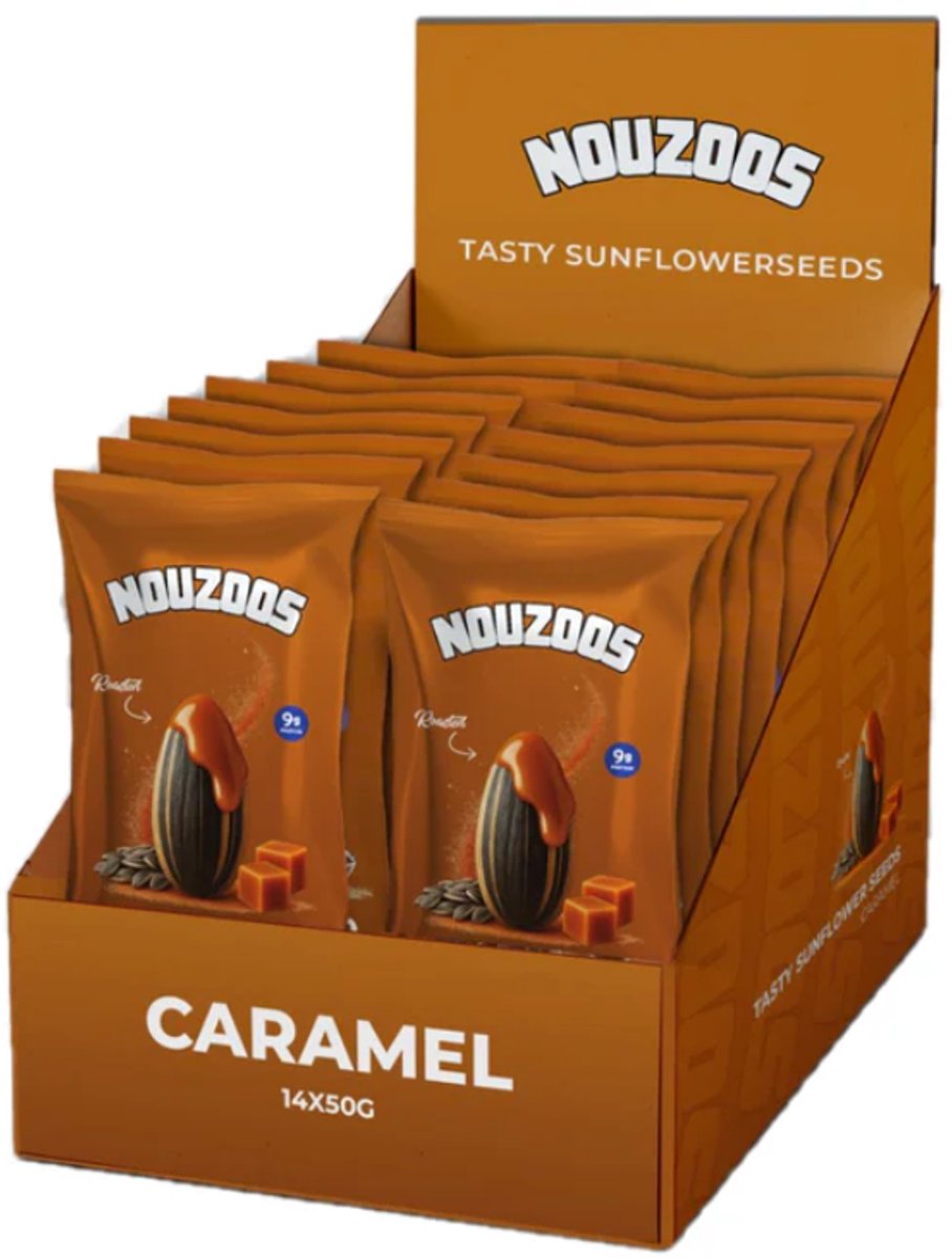 NOUZOOS - Zonnebloempitten Caramel - 14x50gr - Geroosterd - Extra Groot