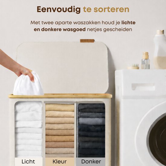 ACAZA Panier à Linge - Trieur de Linge - Panier à Linge avec Couvercle - Panier à Linge 3 Compartiments - Bamboe - 150L - Wit