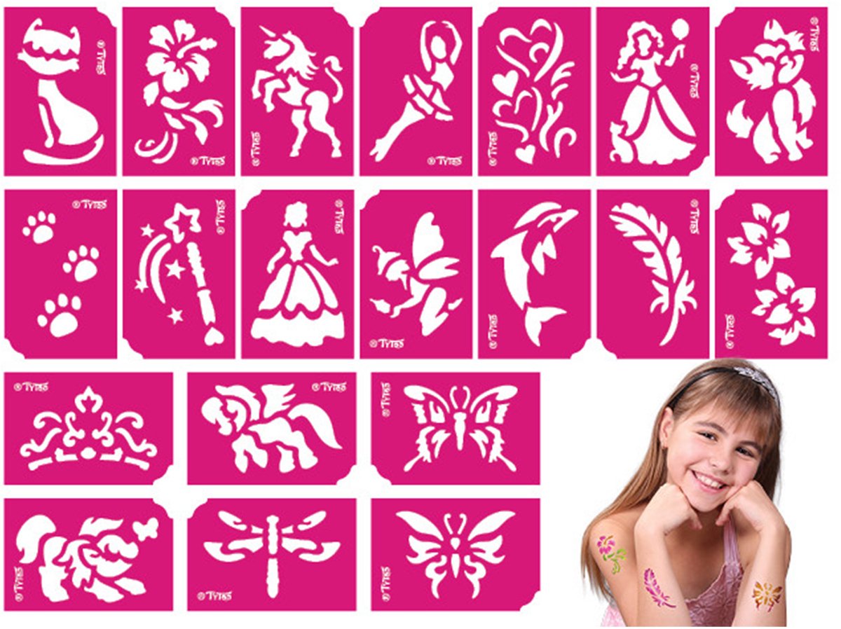 Sjabloonset voor Meisjes - 21 Stuks Glittertattoo- en Schminksjablonen 1 Stuks [TY50105]