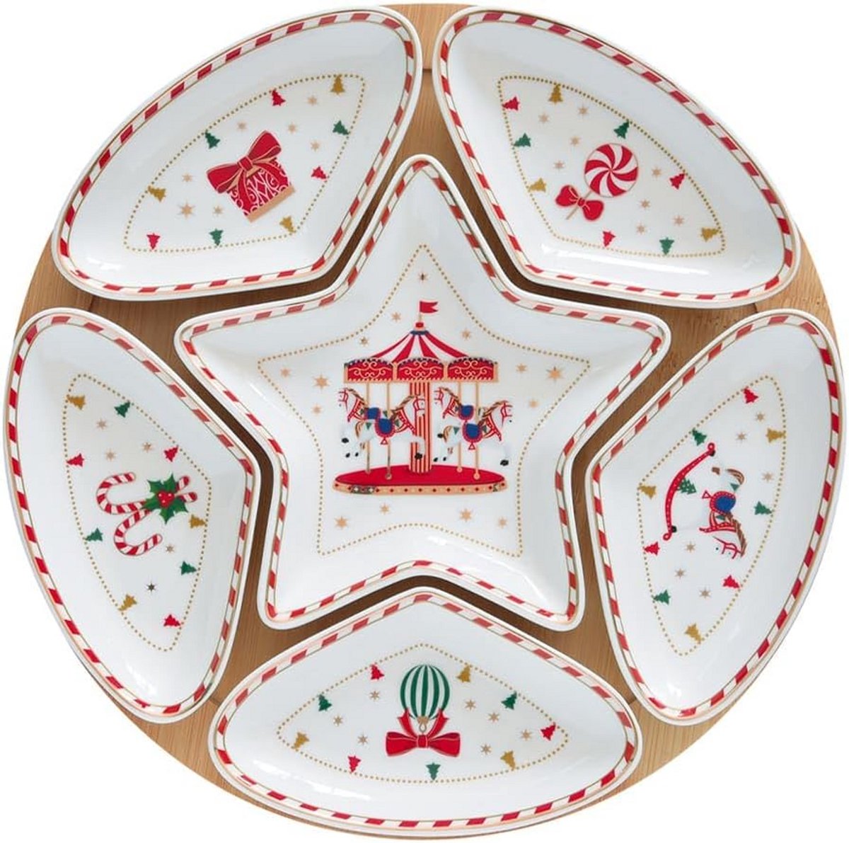 Kerst aperitiefset met 6 porseleinen schaaltjes en bamboe voet, 25 cm