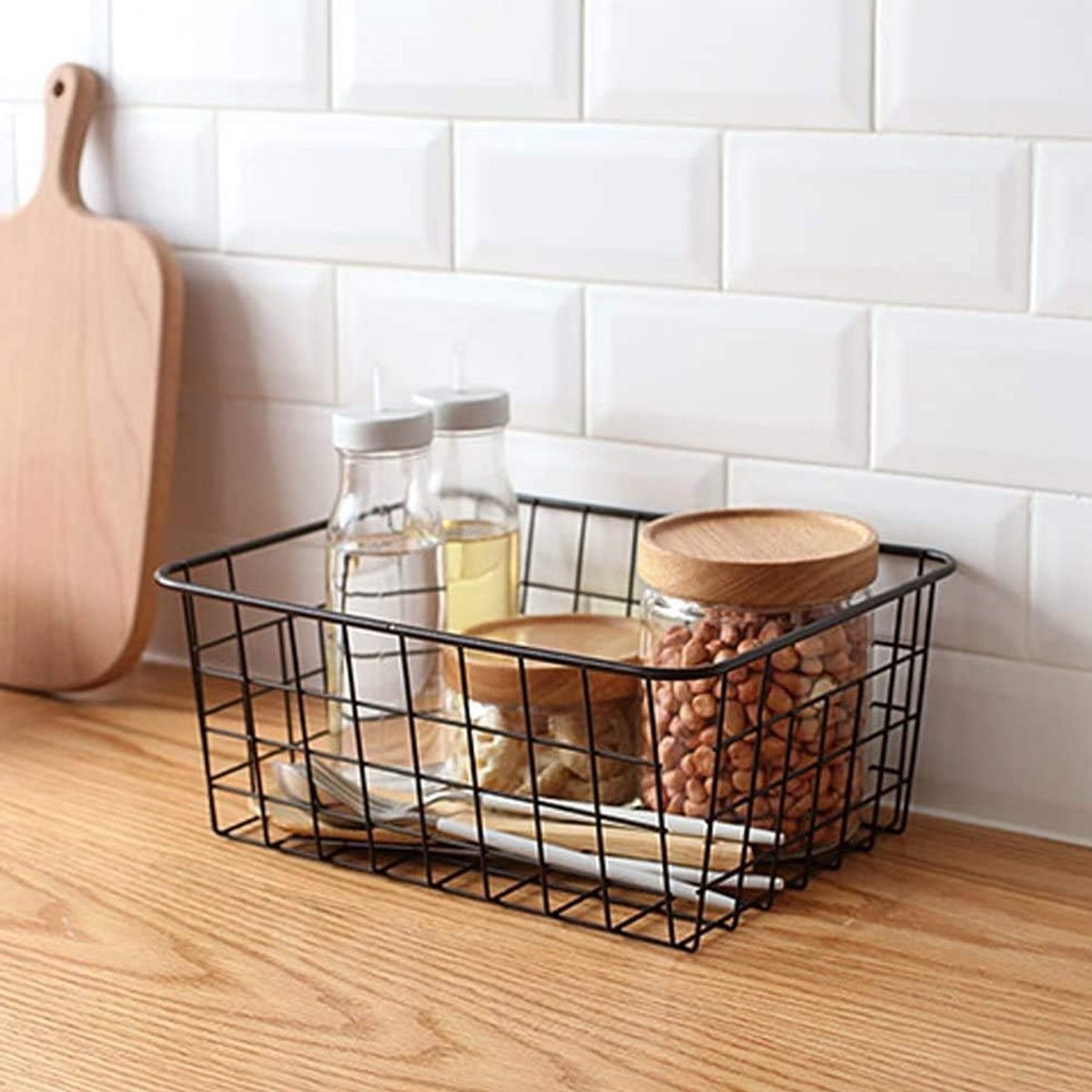 Metalen opbergmand met handgrepen, 28 cm, zwart - voor keuken, pantry, badkamer en washok