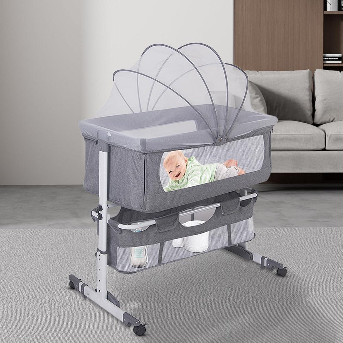 Verstelbare Babybed met Opbergmand en Muskietennet