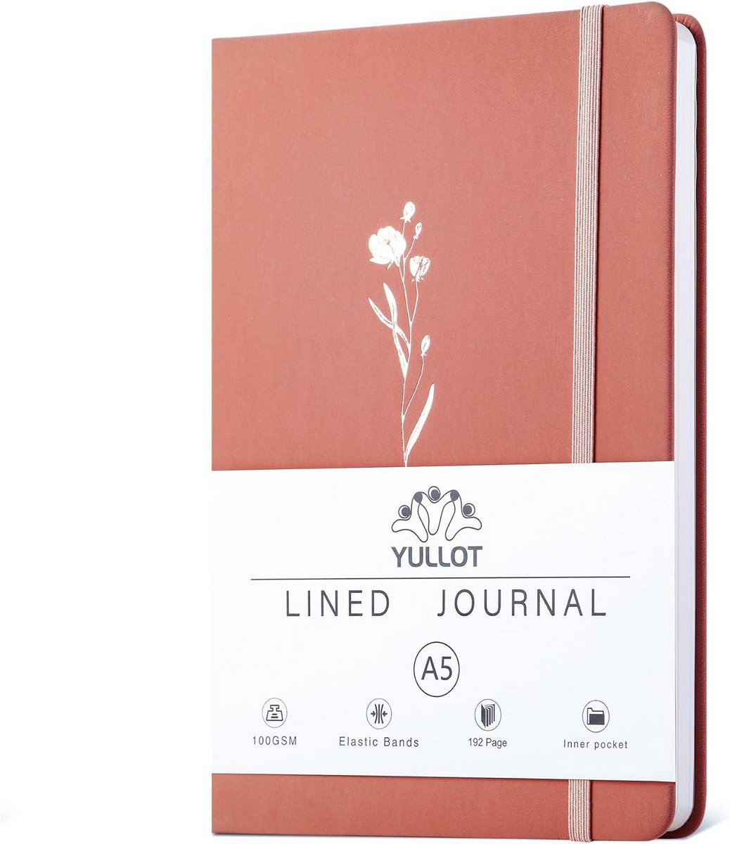 Floral hardcover notitieboek met lijnen, 192 pagina's, 14,5 x 20,3 cm, 100 g/m² dik papier, met elastiek, leeslint en binnenste zakje - ideaal voor werk en school