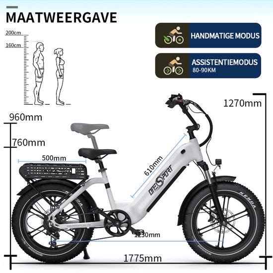 OneSport - Elektrische Fiets met 864Wh Uitneembare Accu - Max.100 km Bereik - 20×4 Inch Banden - Shimano 7 Versnellingen & Hydraulische Schijfremmen - Aluminium Frame - Wit van ONESPORT — afbeelding 4
