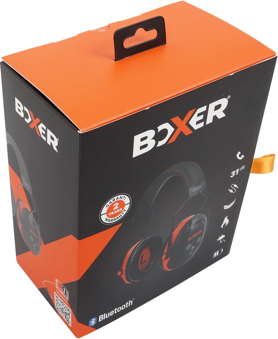 Boxer oorkappen verpakking: oranje en zwarte oorkappen, Bluetooth, 31 dB ruisonderdrukking en 2 jaar garantie.