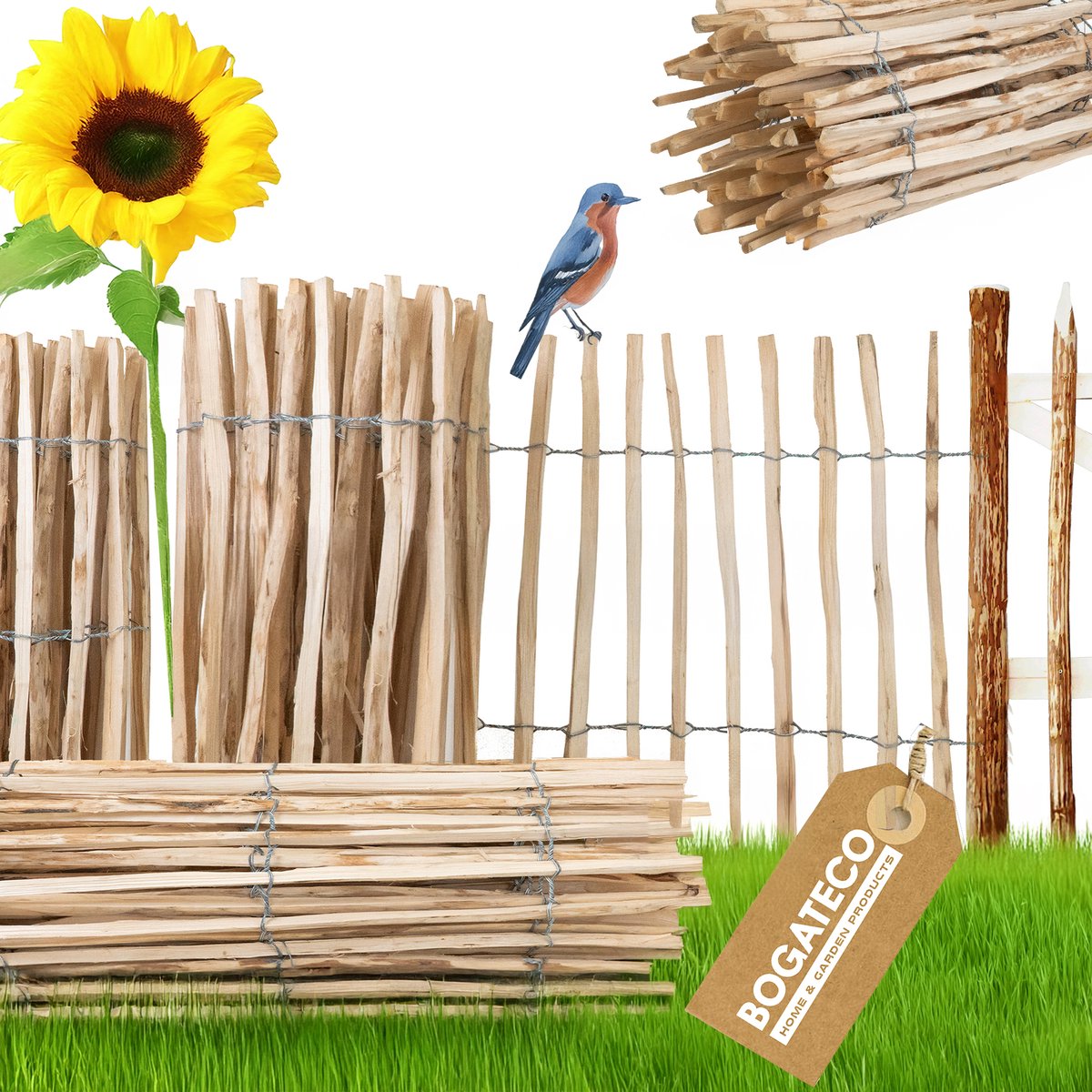 BOGATECO Hazelnoot Staketenzaun 70 x 500 cm - Lattenafstand 7-8 cm - Natuurlijke Tuinafsch