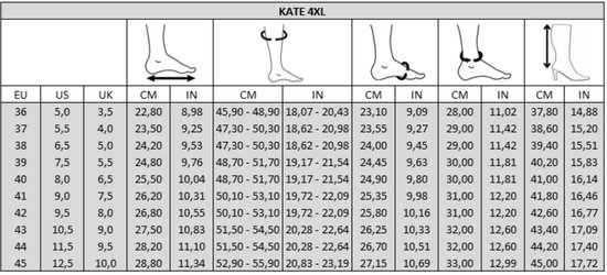 Maattabel voor laarzen met centimeters en inches.