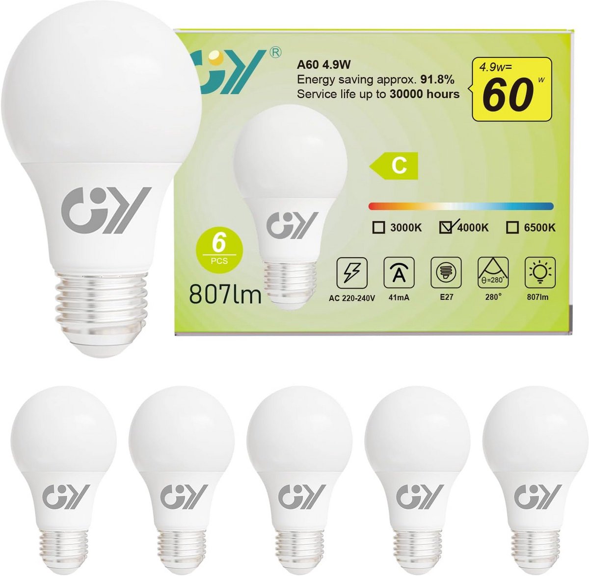 E27 LED Lampen 4,9W 807 Lumen 4000K Neutraal Wit - Set van 6