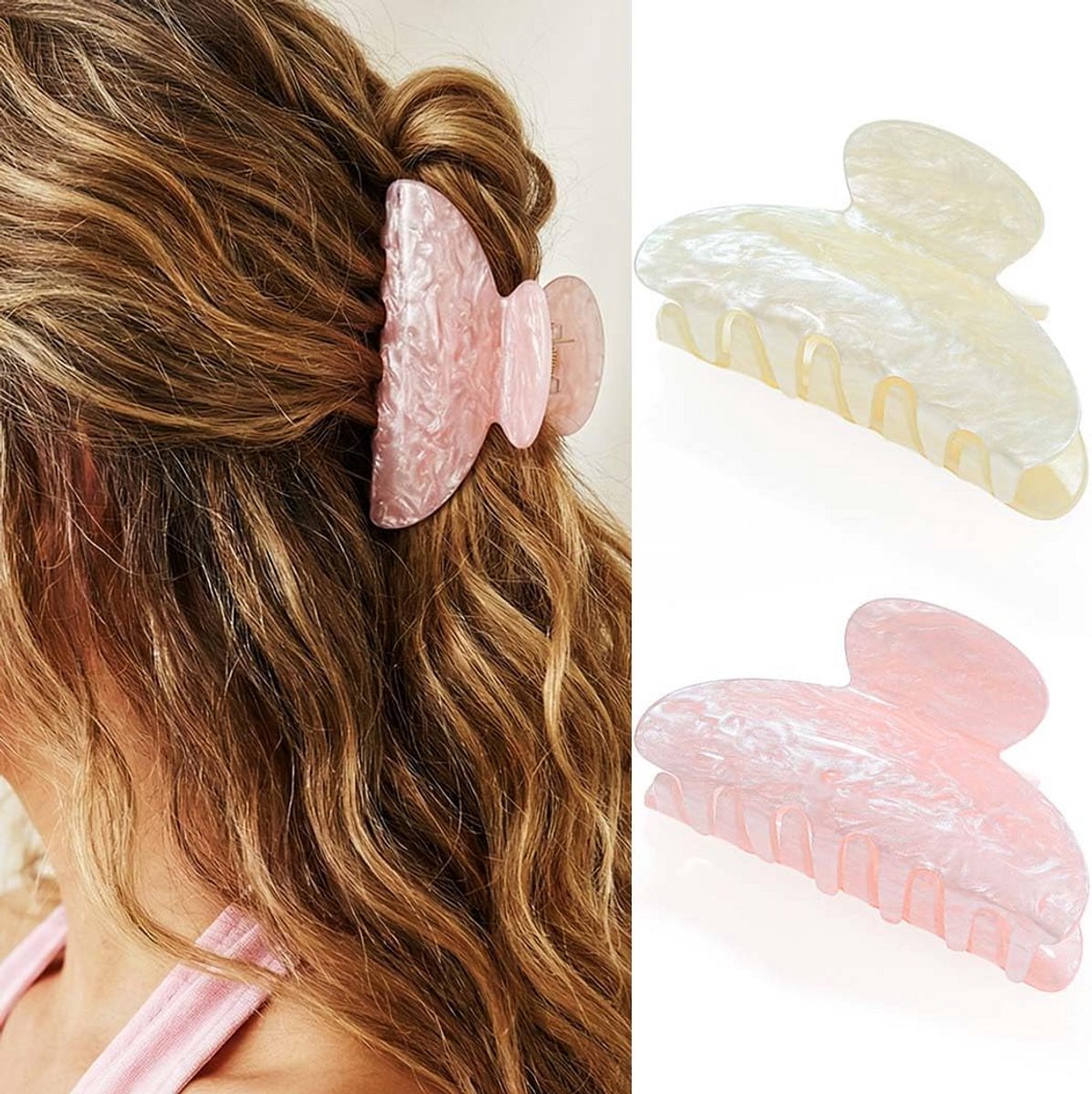 Set van 2 Middelgrote Acryl Haarclips in Zachtroze en Beige voor Dames